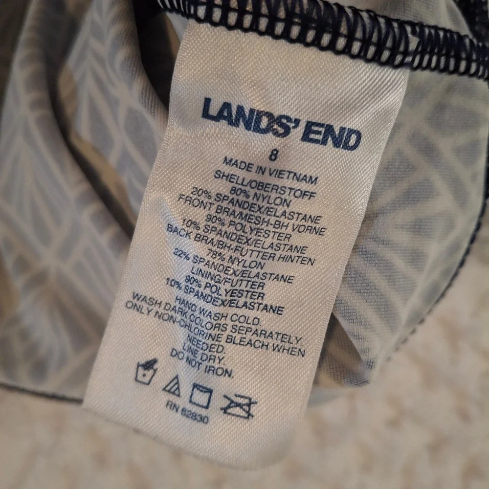 Lands' End Womens 8 Tankini Top Navy Blue White Geometric High Neck Keyhole